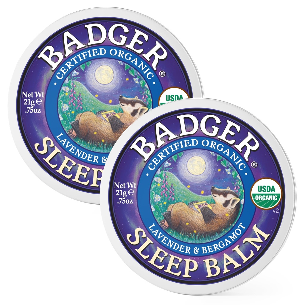 Borsuk Sleep Balm, Organic Esential Oil Aromatherapy Natural Sleep Balm dla dorosłych i dzieci, Relaxing & Calming Lavender & Bergamot Natural Sleep Support, .75 oz Tin, 2- Pack