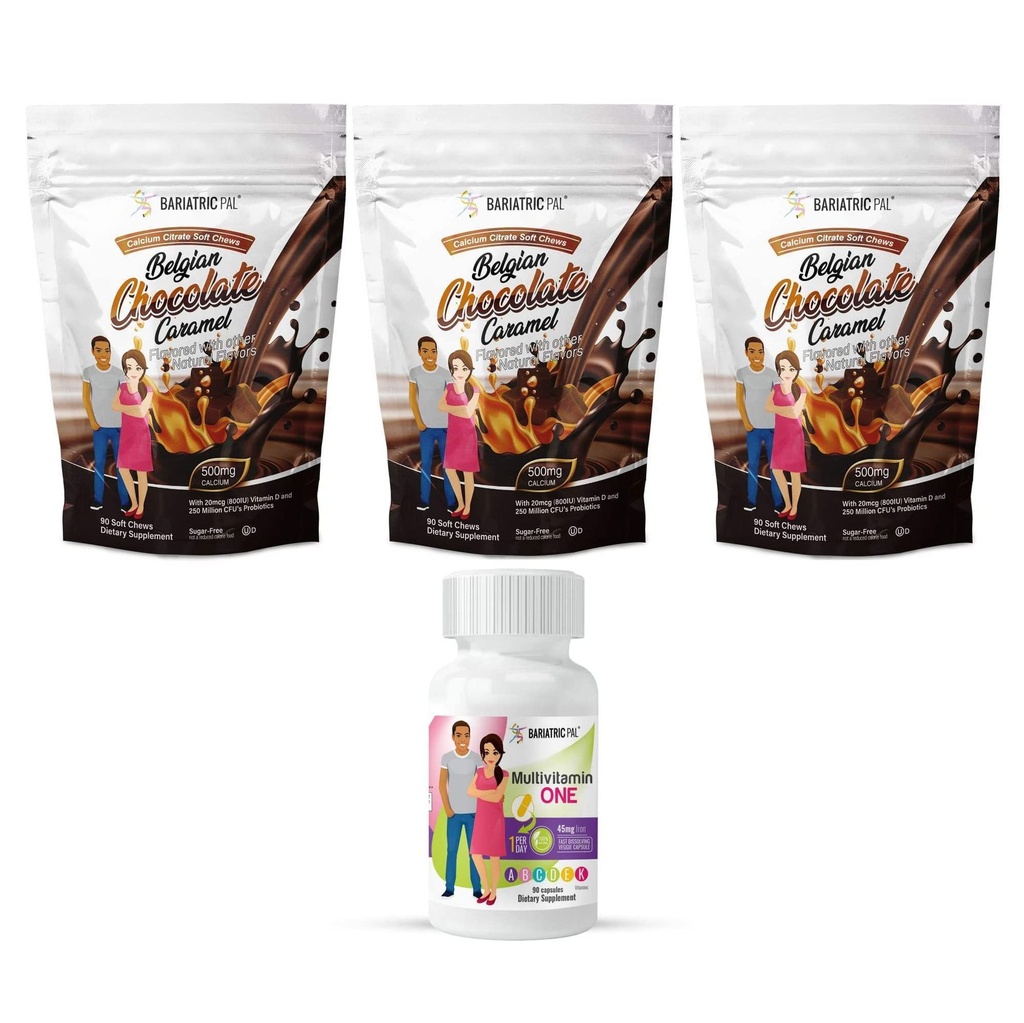 BariatricPal 90- Day Bariatry Witamina Bundle (Multivitamin ONE 1 dziennie! Kapsułka z 45 mg żelaza i cytrynianu wapnia Soft Chews 500mg z probiotykami - belgijski karmel czekoladowy)