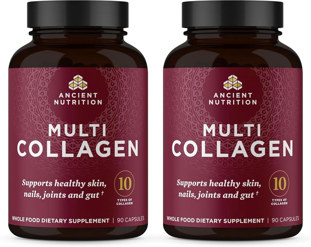 Ancient Nutrition Collagen Peptydes Suplement kapsułki, Zhydrolizowane tabletki kolagenowe dla kobiet i mężczyzn, Wspiera zdrową skórę i paznokcie, Gut Health & Joint Support, Shrink- owinięte 90 Bundle Count (2 Pack)