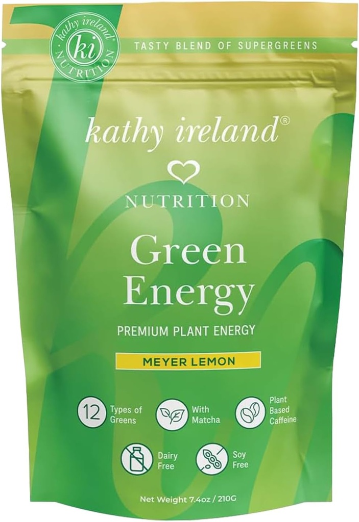 Kathy Irlandia Super Zielony Proszek energetyczny, czysty napój energetyczny z Matcha & Green Tea, Immune & Digestive Supplement Supplement, No Added Sugar, Meyer Lemon Flavor, 7.4 oz