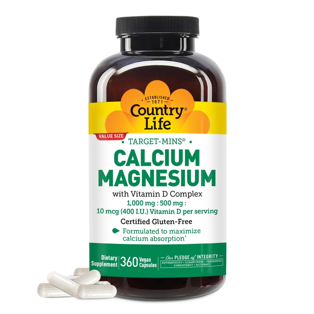 Country Life Target- Mins Wapnia Magnez z witaminą D- Complex, 1000mg / 500mg / 10mcg, 360 Kapsułki wegańskie, Certified gluten Free, Certified Vegan, Verified Non-GMO Verified...