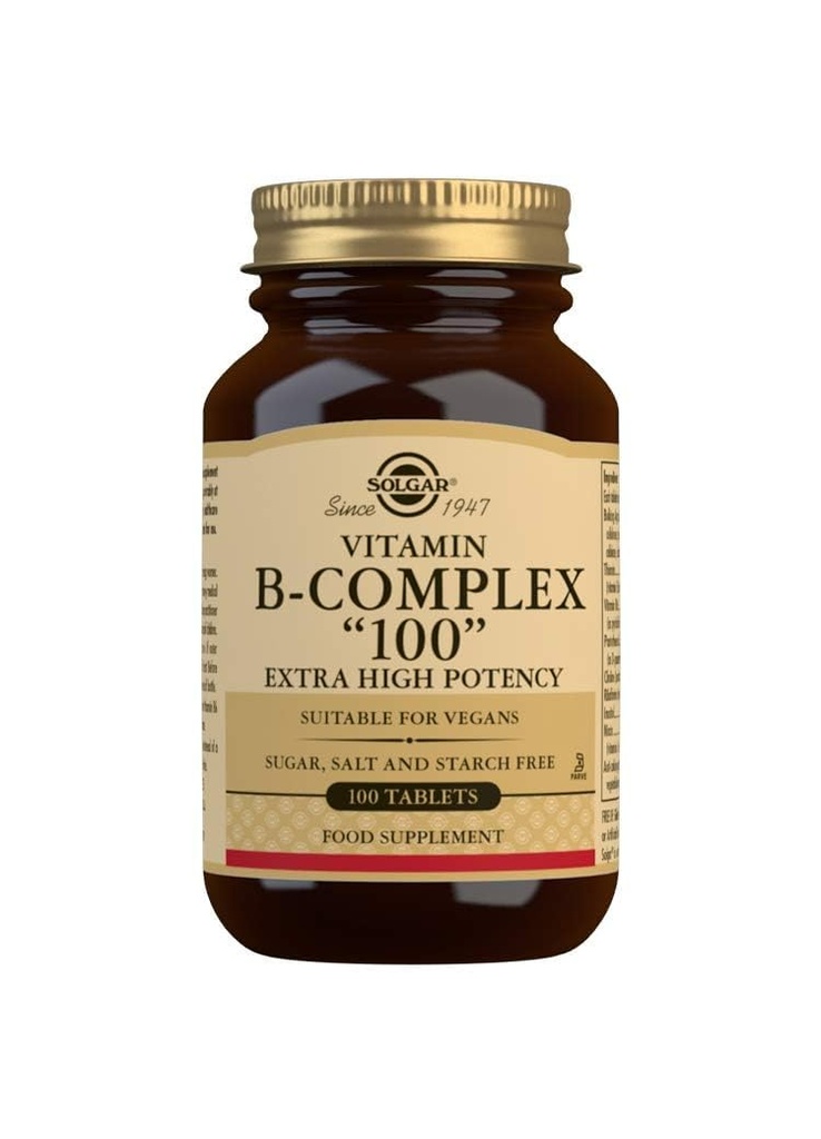 Solgar B- Complex 100 "- 100 Tabletki - Metabolizm energii, Zdrowie układu sercowo-naczyniowego, Wsparcie układu nerwowego - Non-GMO, Wegan, Gluten Free - 100 Służb