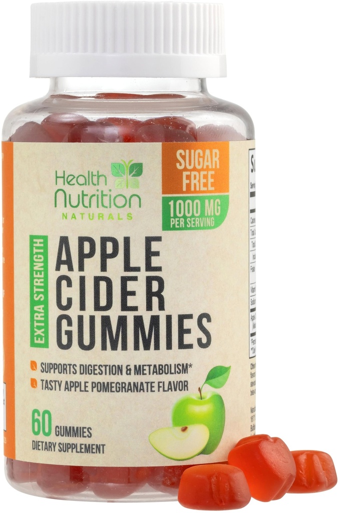Jabłko Cydr Gummies ocet 1000mg - Max Siła Sugar Free ACV Gummy Witaminy, Wspiera Metabolizm i Energia, Keto Friendly, Witamina B12, Żelatyna-Free, Gluten- Free, Wegan & Non-GMO - 60 Gummies