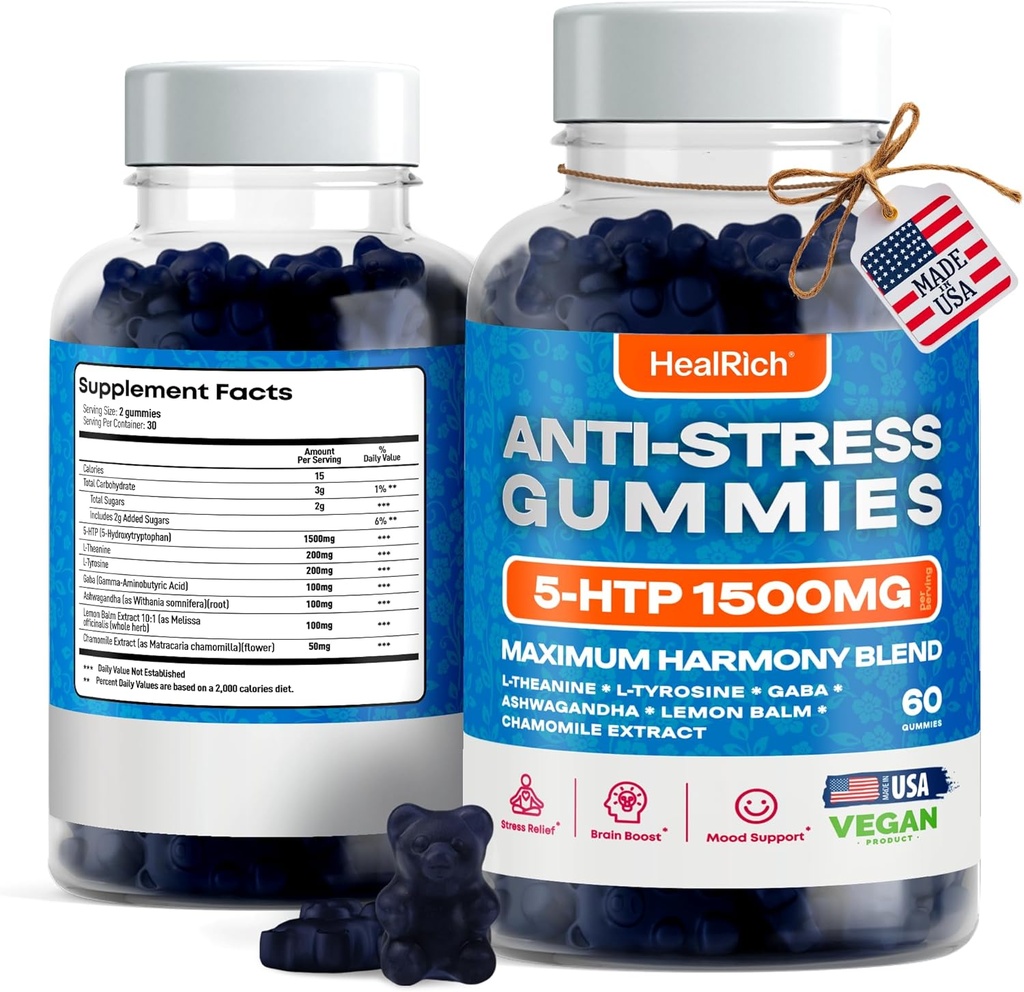 Stres Relief Gummies - 1500MG 5HTP z L- Theanine Gaba & L- Tyrozyna - Ashwagandha Herbal Supplement Supports Intelectal Alertness Vegan Mood Mood Booost Suplementy dla dzieci i dorosłych Made in USA