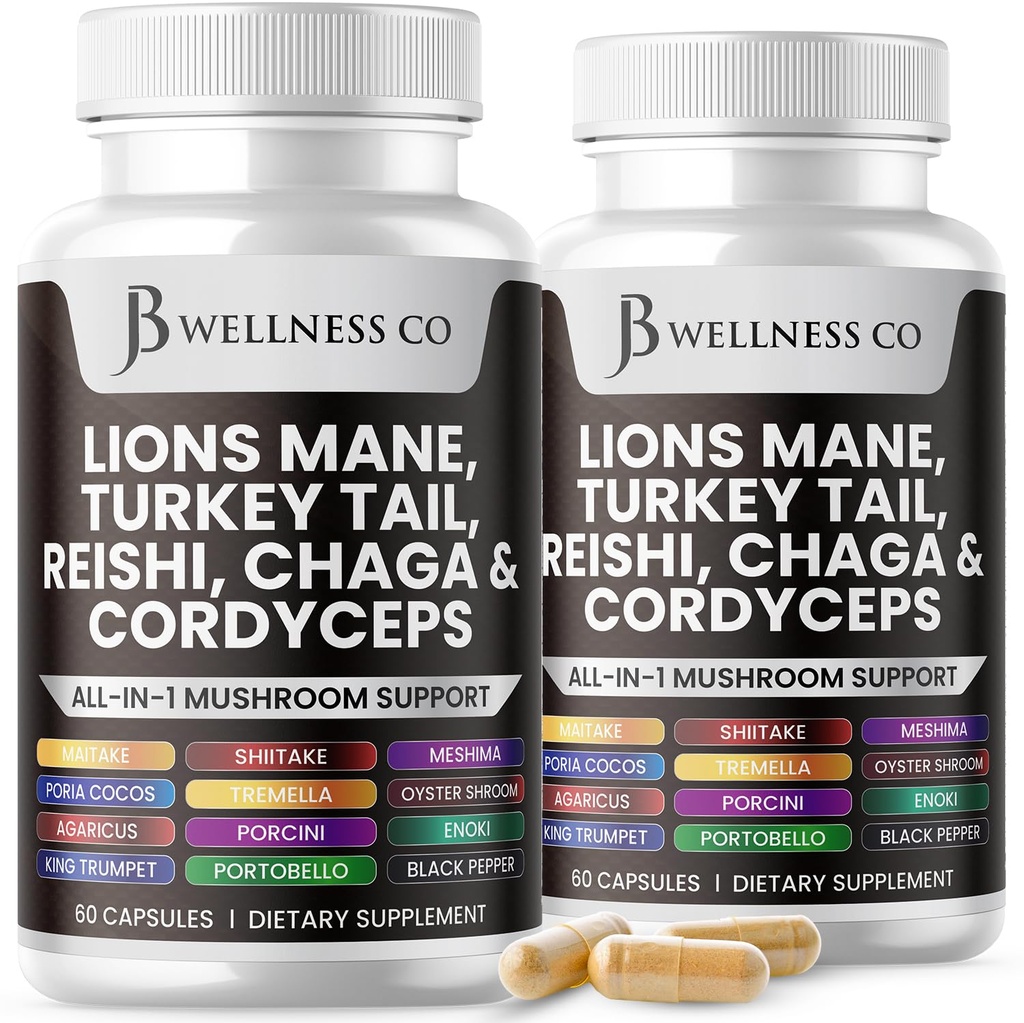 Lions Mane Supplement Wsparcie Cognitive, Zdrowie immunologiczne z Turcji Ogon 20in1 Mushroom Reishi Cordyceps Chaga z Marshmallow Root - 120 Count