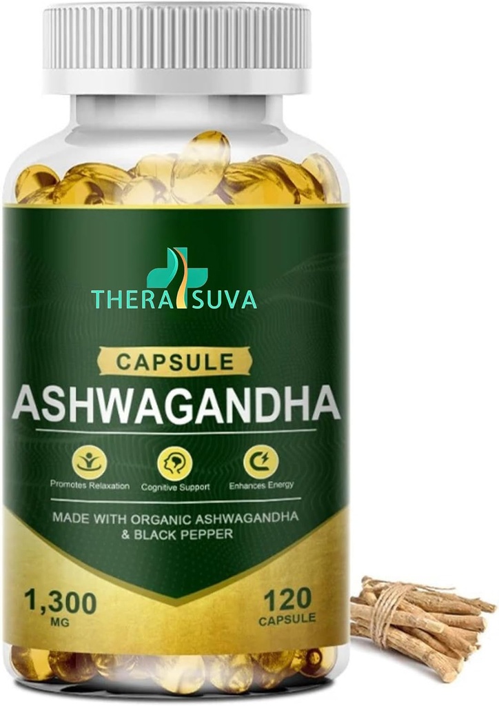 Organiczny Ashwagandha + czarny pieprz, wszystkie naturalne wysokiej mocy suplement do ulgi stresowej i witalności 120 Softgels, 60- Day Supply