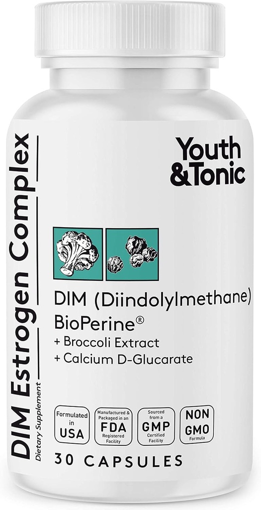 Youth & Tonic DIM BioPerine for Estrogen Metabolizm Wsparcie 124; Kobiety i Mężczyźni Hormon Równowaga z Excess Estrogen Blocker 124; Suplement Diindolilometan - 30 Pigułki