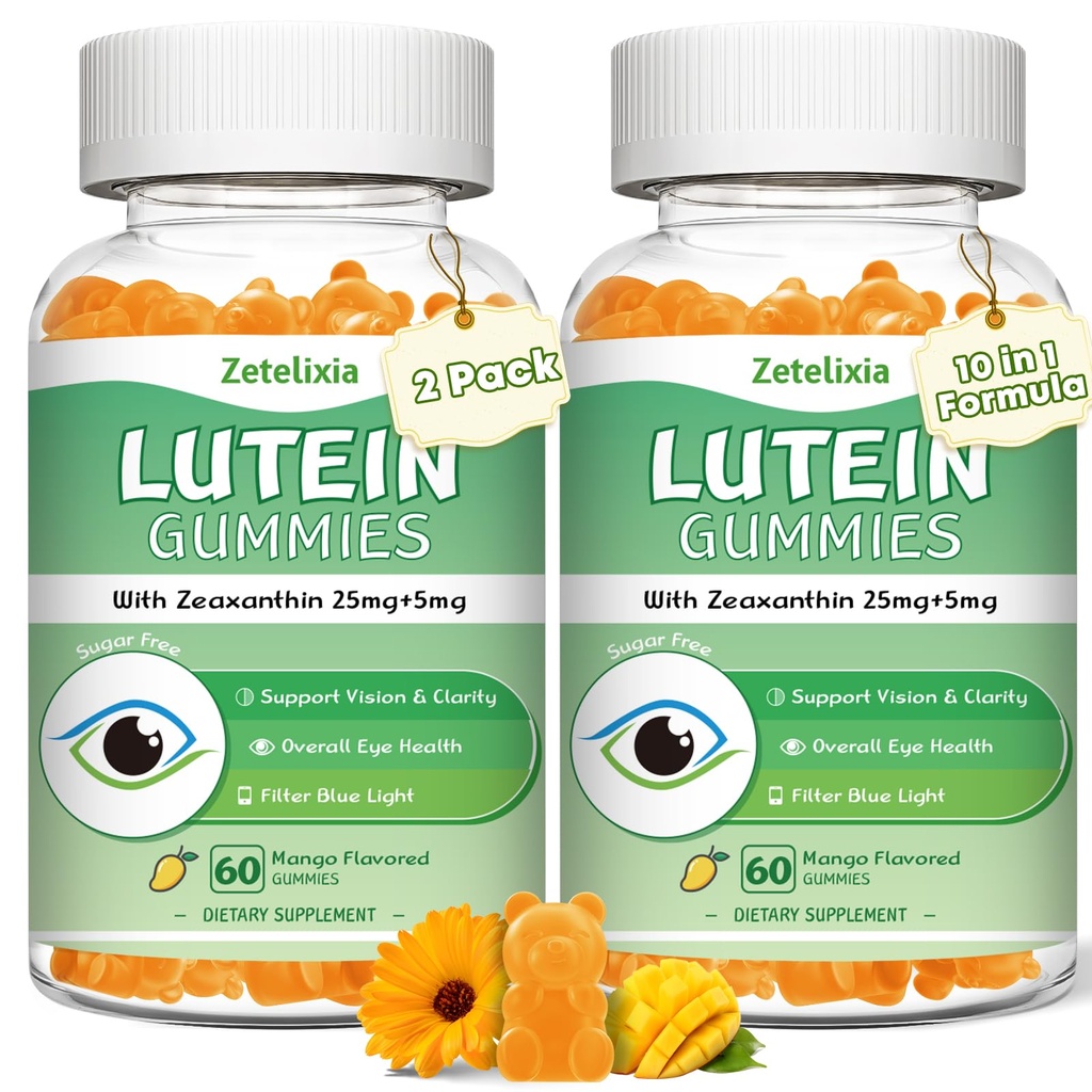2 Pack Lutein Gummies 25mg, Cukier Wolny Luteina Zeaksantyna Suplementy Gummies, Eye Health Supplement dla dorosłych, Vitamin Lutein dla Vision i Blue Light Protection, Mango Flavor, 120 Count