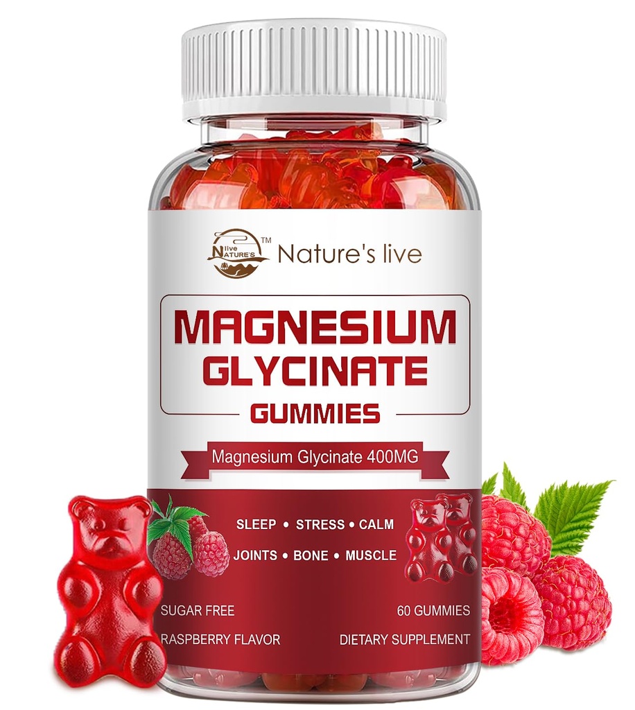 Glucynian magnezu Gummie, Suplement bez cukru Magnezu Glucynat 400mg, Glucynian magnezu L- Threonian 200mg dla uspokajających nastrojów, Mięśnie, Kość i sen dla dorosłych, 60 Gumiaki malinowe