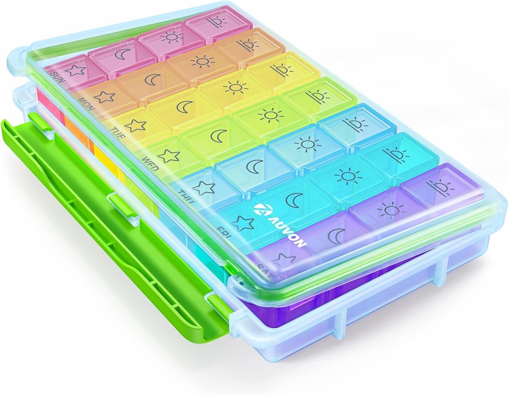 AUVON iMedassist Moisture- Dowód Cotygodniowy Pill Organizator 4 razy dziennie, Duży 7-dniowy Pill Box Przenośne do podróży z usuwalnymi indywidualne pojemniki Pill do przechowywania witamin, Suplementy i Medycyna