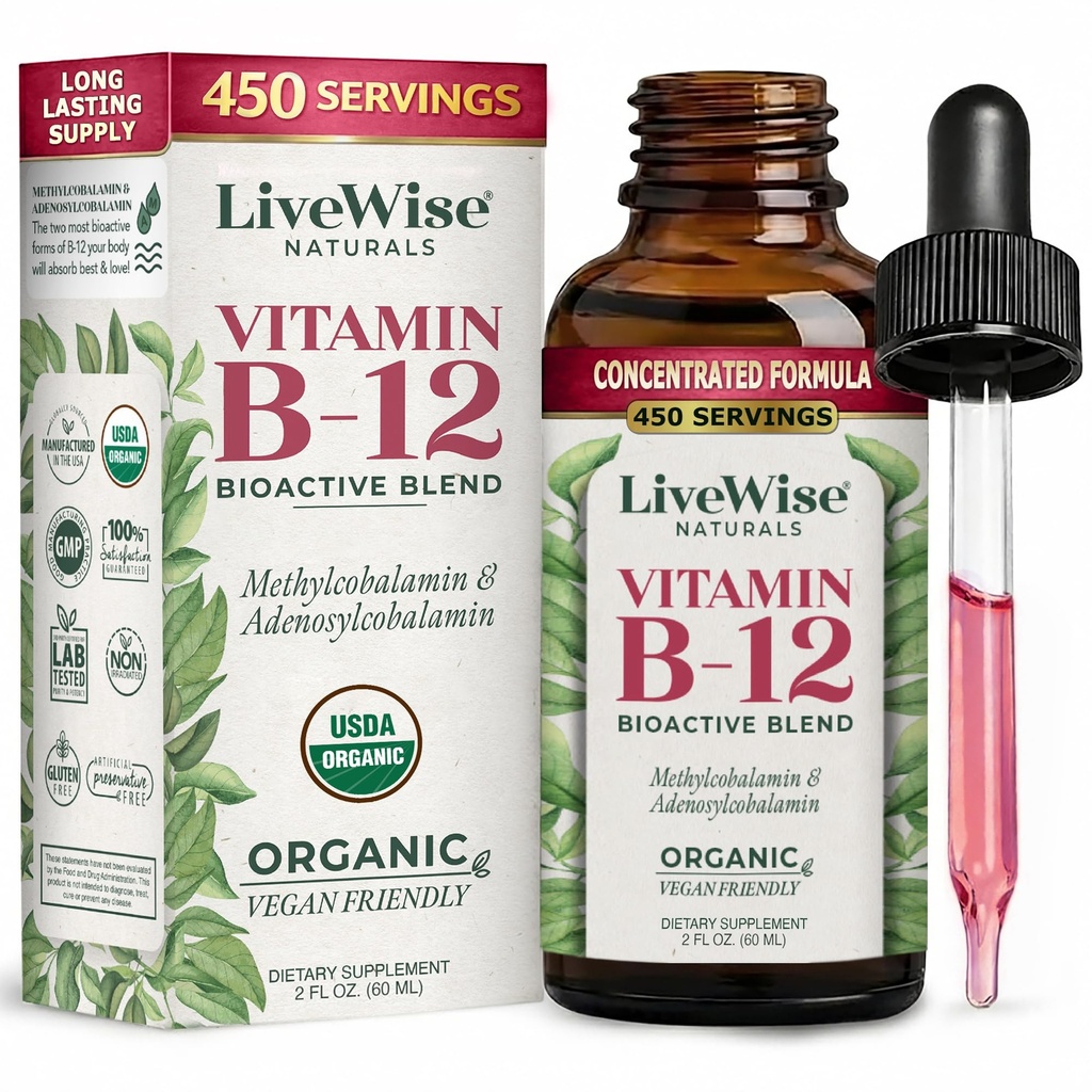 Płynna B12 Witamina Podjęzykowa - All- Naturalna Ciekła Witamina Wegan B12 Krople - Niezmodyfikowana genetycznie Adenozylodobalamina Methylcobalamina Suplement B12 - Zwiększ swój system immunologiczny, Metabolizm, Energia i Focus!