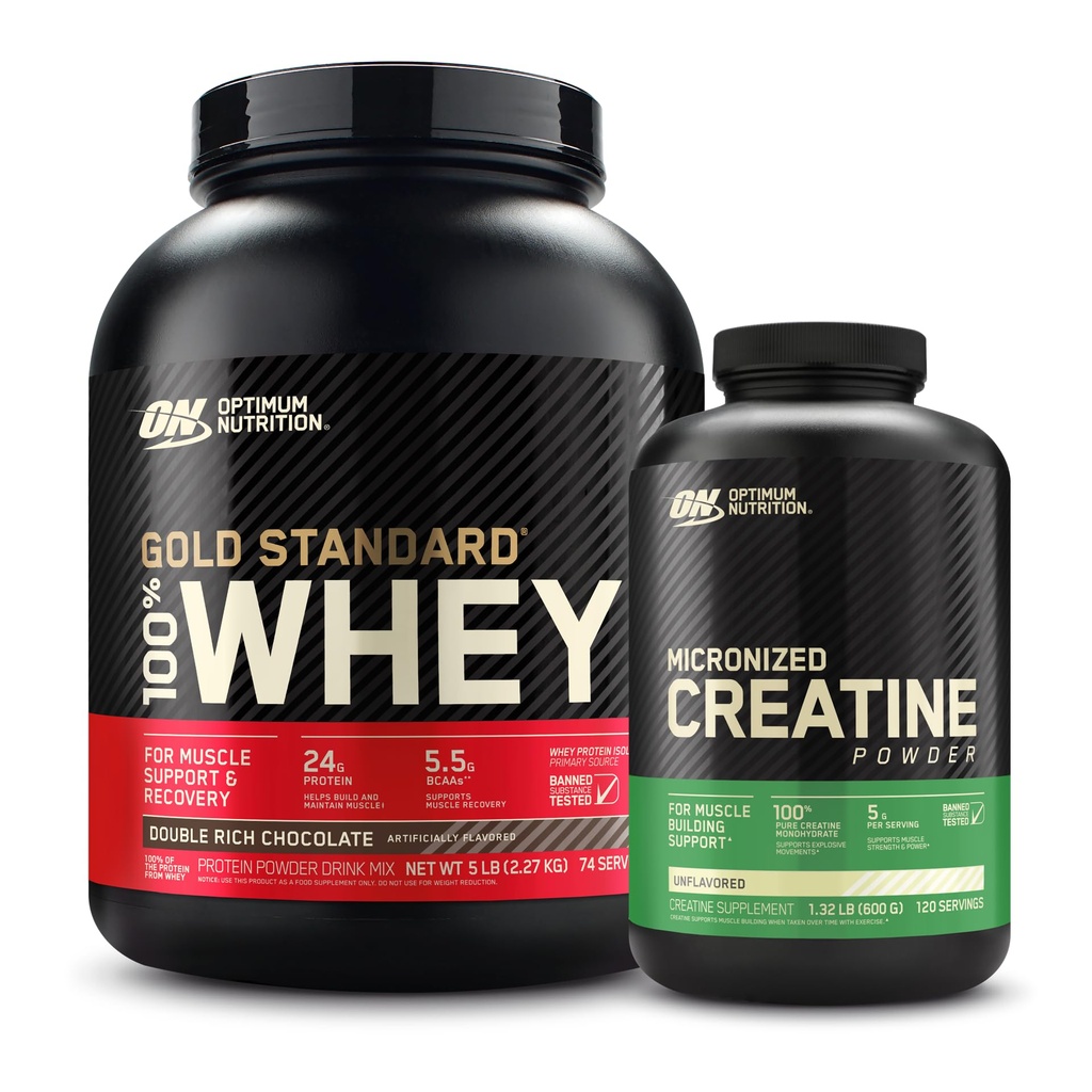 Optimum Nutrition 100% Gold Standard Serwatka Protein Powder: Podwójnie bogata czekolada (5 funtów) z mikronizowanym proszkiem jednowodzian kreatury, Unflavored (120 Servings) - Opakowanie zbiorcze