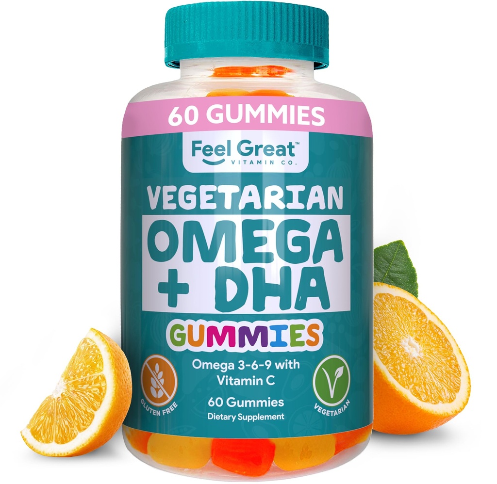 Poczuj Gummie Omega & DHA dla dorosłych roślin Omega 3 Olej rybny alternatywa 124; Wegetariańskie 124; Witamina C, Chia, i Omega3, Wspiera Mózg, immunologiczne, Funkcje prenatalne, (60 Count)
