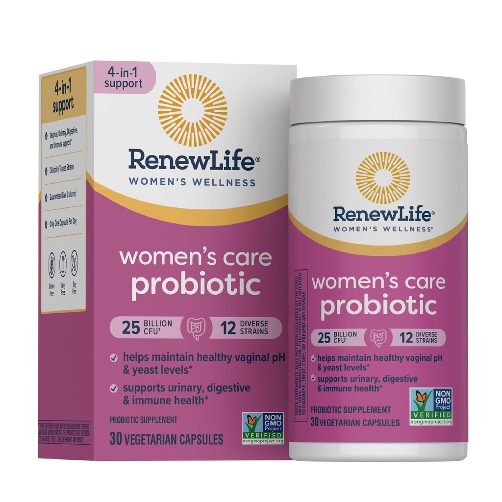 Renew Life Women 's Probiotic Kapsułki, Wspiera pH Równowaga dla kobiet, Vaginal, Urynary, Digestive and Immune Health, L. Rhamnosus GG, Dairy, Soy and gluten- Free, 25 Billion CFU - 30 Ct