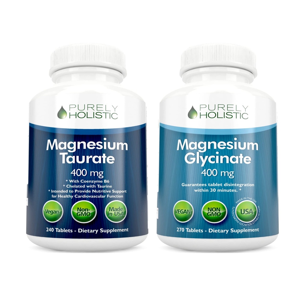 Magnezu Taurate 400mg + Magnezu Glicynian 400mg - Wysoka Absorpcja & Wysoka Biodostępność - Wegan Bundle - 270 + 270 Tabletki