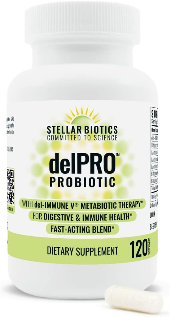 Del- Immune V ® + Delpro Probiotic & Prebiotic Blend by Stellar Biotics - Promotes Optimal Gut Health, Trawienie, Immune Support & Mood (120 kapsułki)