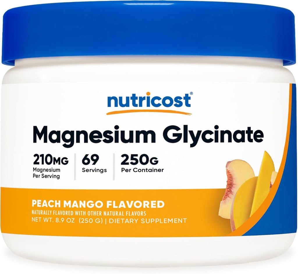 Nutricost Magnezu glicynian w proszku (Peach Mango, 250 gramów) - Magnezu glicynian (w postaci bisglicynianu)