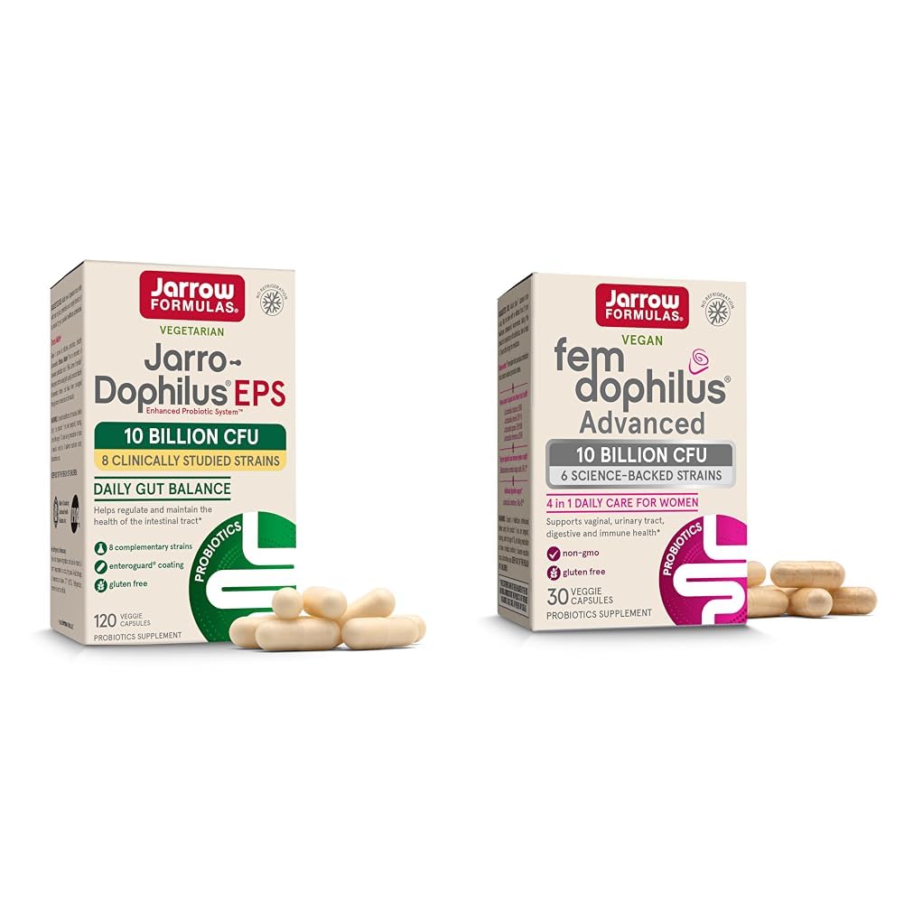 Jarrow Formulas Probiotyki Bundle z Jarro- Dophilus EPS 10 Miliard CFU 120 Czapki i Fem- Dophilus Zaawansowane 10 Miliard CFU 30 Czapki