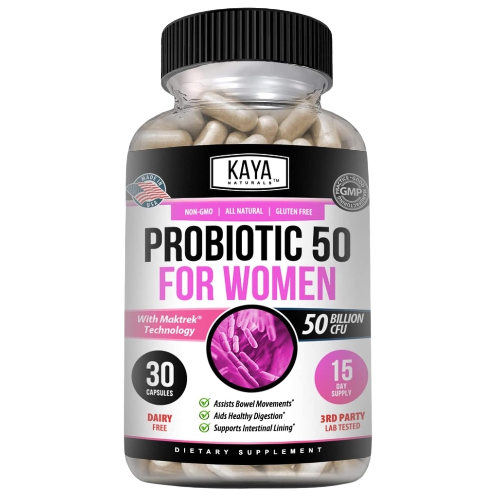 Kaya Naturals Probiotic 50 Miliard CFU - Probiotyki dla kobiet, Probiotyki dla mężczyzn i dorosłych, Natural - Gut Health & Immune Supplement - Zapewnia wsparcie pokarmowe - 30 Kapsułki roślinne
