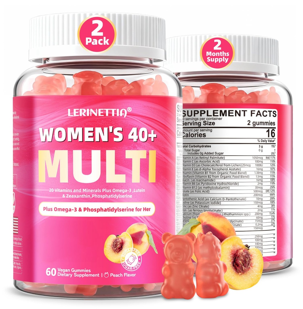Multiwitytamina dla kobiet Gumiaki dla 40 + z Omega-3, Niacynamid, B- Complex, Luteina, Żelazo, Cholina, Fosfatydylseryna, Witamina D3 dla skóry, Włosy, Energia, Immune, Kości - Wegan, Cukier wolny, 120Cts