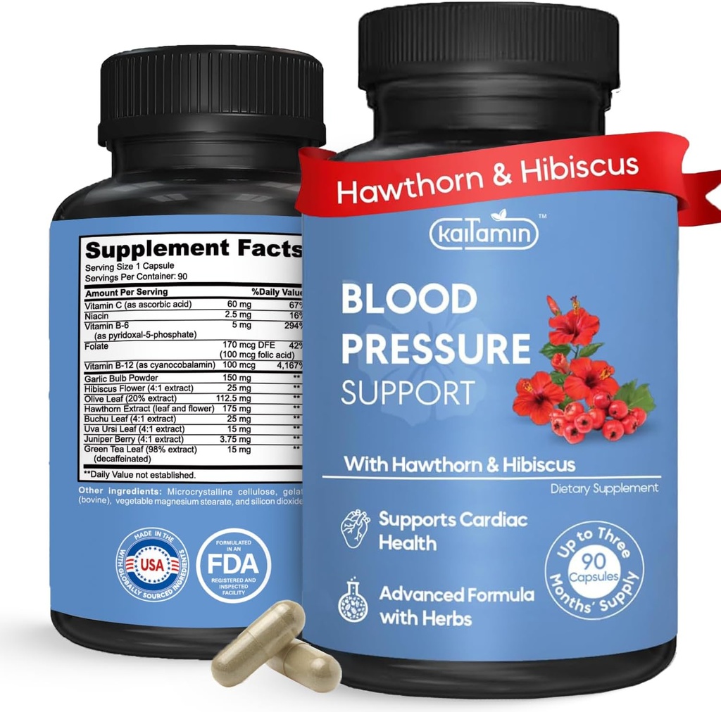 Supplement Support Pressure - Natural Hawthorn, Hibiscus, Garlic & Olive Leaf - Heart Health & Circulation Support - B12, B6 - Vegan, Non-GMO - 90 Caps (3- Month Supply)