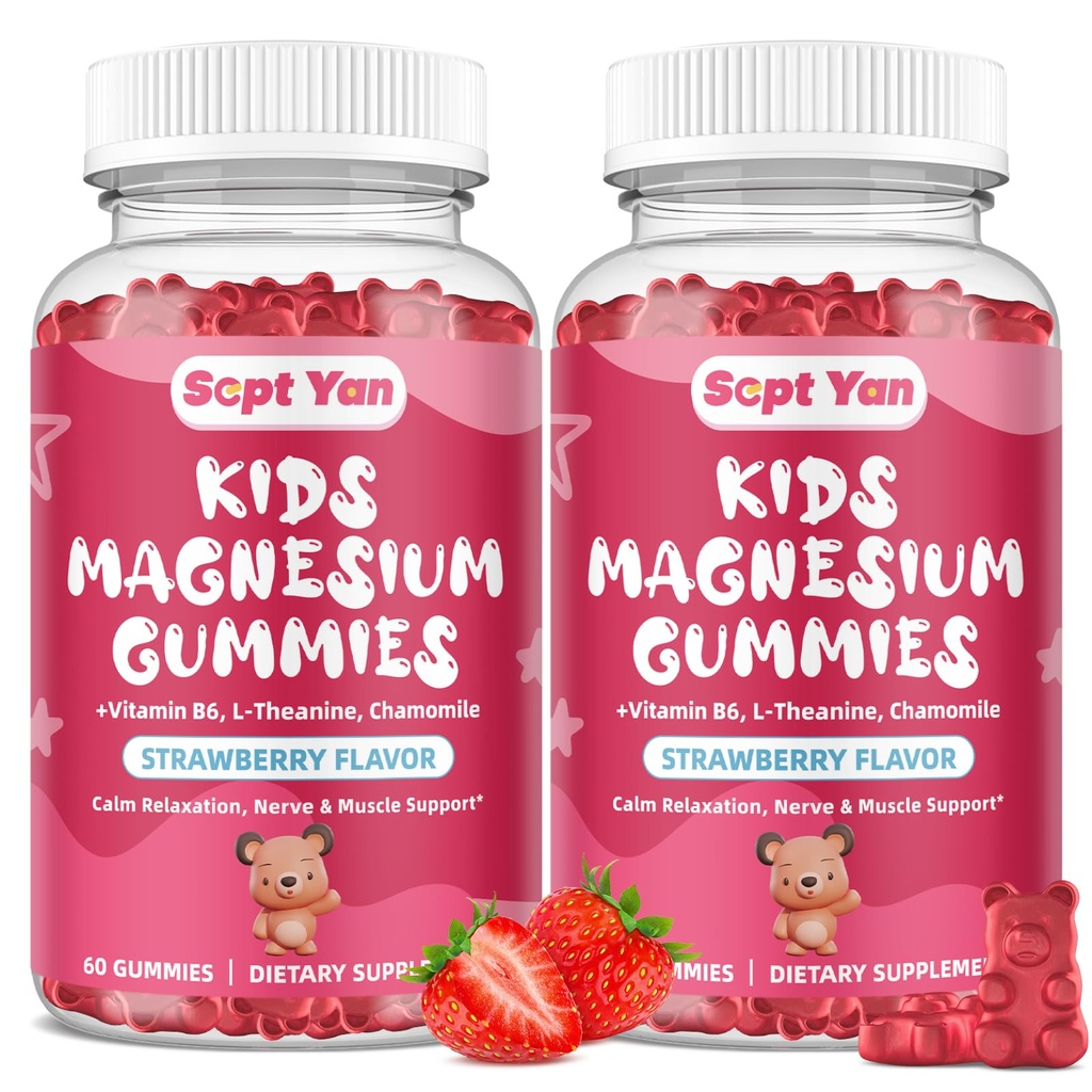 (2 Pack) Magnezu Gummie dla dzieci - Magnezu Citrate Supplement z witaminą B6, L- teaniną, rumiankiem i balsamem cytrynowym - Sen uspokajający dla dzieci i dorosłych, Relaks - Truskawka, 120 Gummies