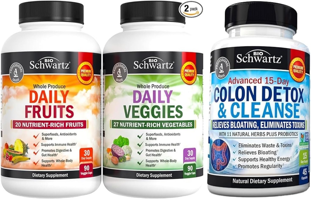 Daily Fruits and Veggies Supplement for Women and Men (1 Miesiąc dostaw) Plus 15 Day Cleanse for Colon and Gut Health