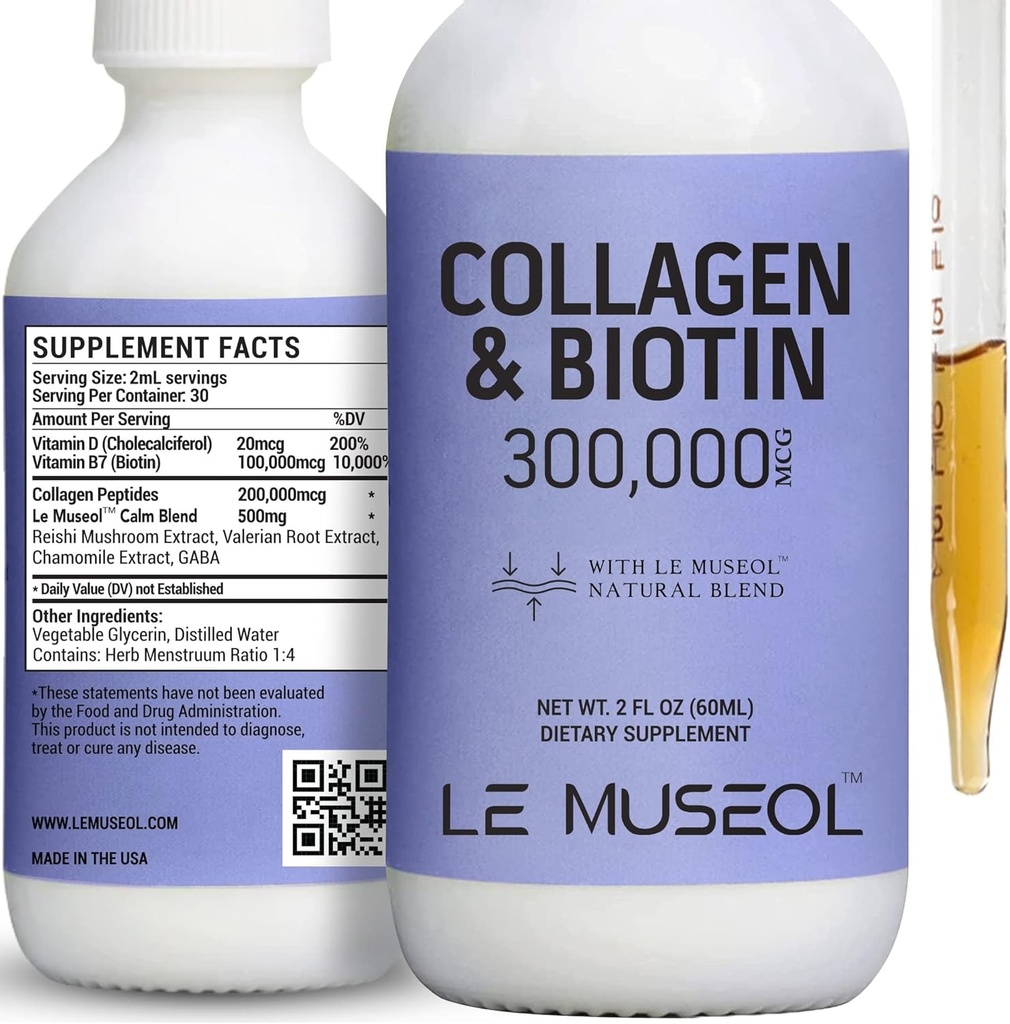 Kolagen płynny dla kobiet, 300,000mcg Płynna biotyna i suplementy kolagenu Krople do włosów, Wzrost paznokci Gloving Skóra - 60ml