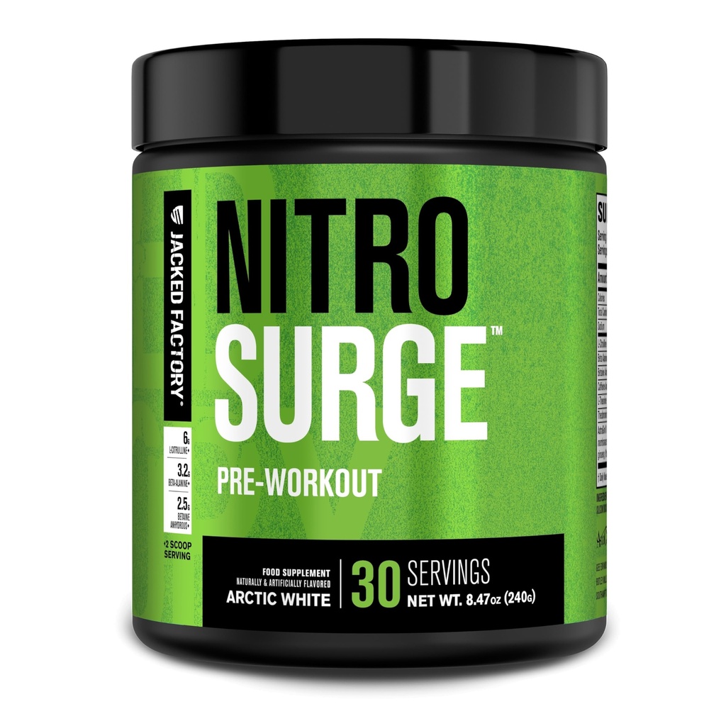 Jacked Factory NITROSURGE Prefory Workout Supplement - Endless Energy, Instant Strength Gains, Clear Focus, Intensywne pompy - NO Booster & Potężny Prettenment Energy Powder - 30 Służenia, Arctic White