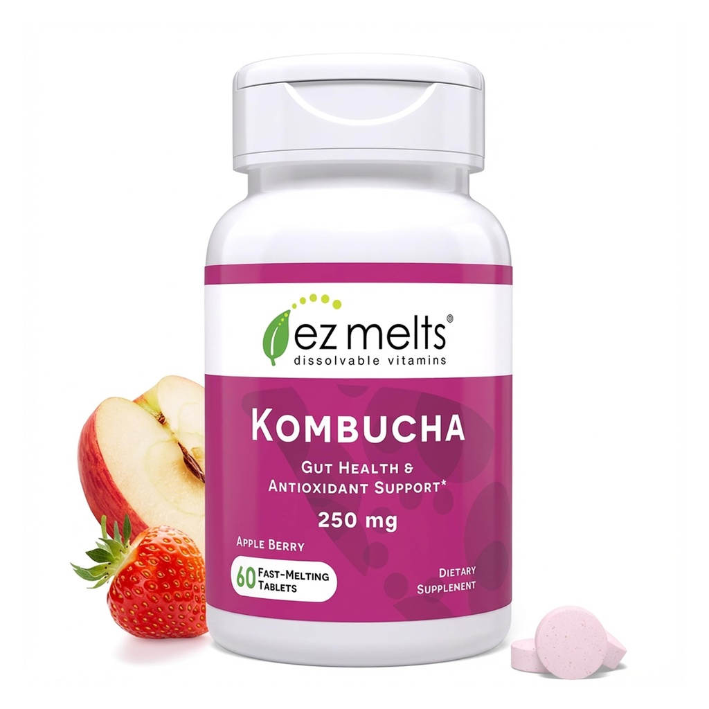 EZ Stopy rozpuszczalne Sugar-Free Kombucha Tablets z SCOBY & Jabłkowe Cider Ocet, Gut suplementy zdrowia dla mężczyzn i kobiet, Jabłko Berry Flavor, 2- Miesiąc dostaw - 1 Pack