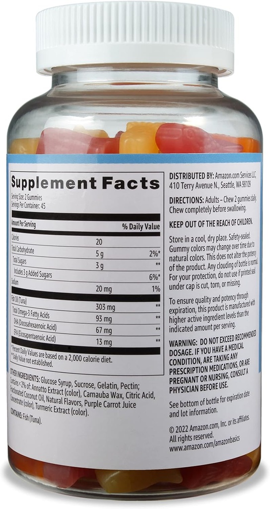 Basics Fish Oil 303 mg, Lemon, Orange & Strawberry- Banana Flavors, 90 Gummies (2 na Serving), EPA i DHA Omega-3 Kwasy tłuszczowe (wcześniej Solimon) (Opakowanie 2)
