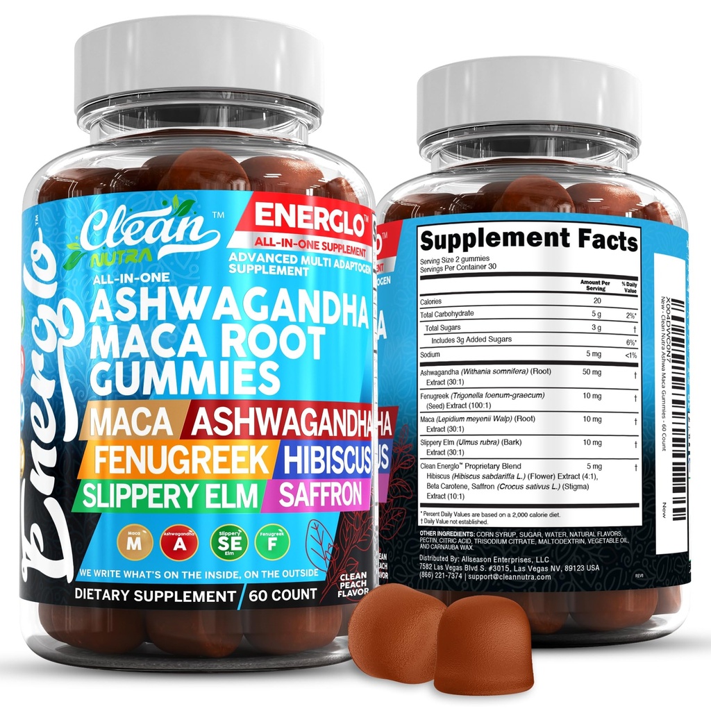Ashwagandha Maca Gummie korzeniowe z kozieradką Hibiscus Slippery Elm Saffron Extract & Beta Carotene Agregat 124; Peach Flavor Vegan Gummy Vitamin Adaptogen Cortisol Supplement Energlo by Clean Nutra