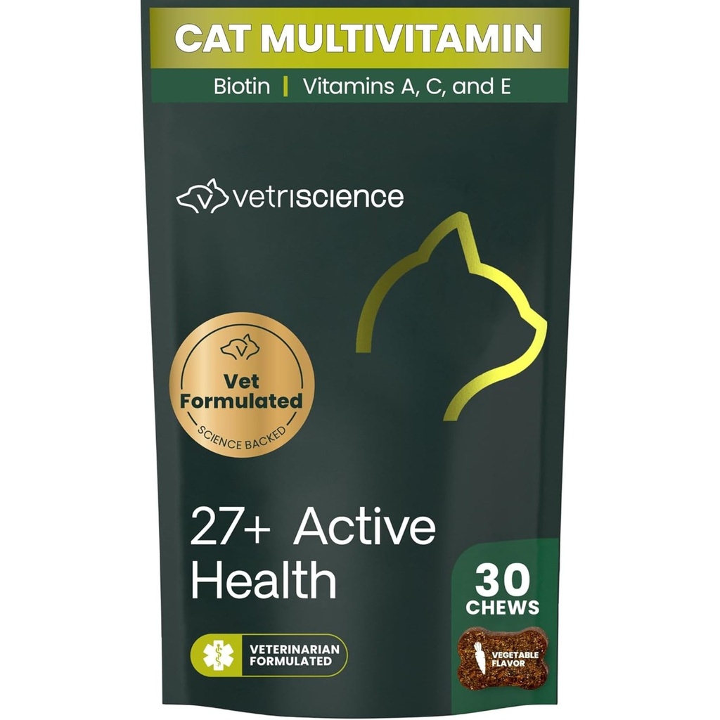 VetriScience 27 + Active Health Chews, Nu Cat Daily Multivitamin for Cats and Kittens, Balanced Vitamin, Minerals and Antioksydants, Health and Wellness Support, Fish, 30 Count