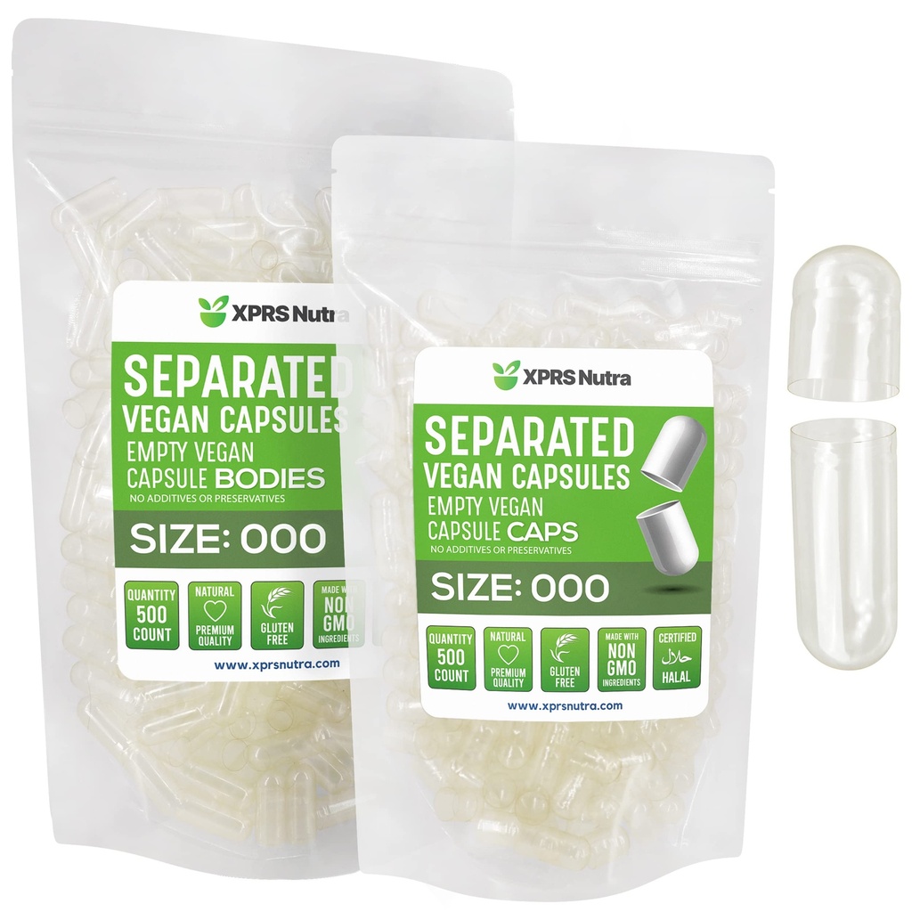 XPRS Nutra Vegan Rozmiar 000 Rozdzielone kapsułki - 500 Hrabia Premium Puste czapki Rozdzielone w workach - Przezroczyste puste kapsułki - 000 Pigułki do napełniania suplementu DIY