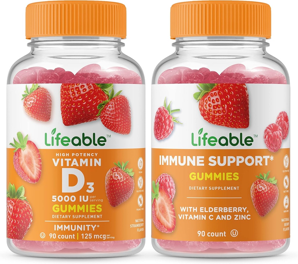 Żywa witamina D 5000 j. m. + Wsparcie immunologiczne, Gummies Bundle - Great Desting, Suplement witaminy, Gluten Free, GMO Free, Gummy do żucia