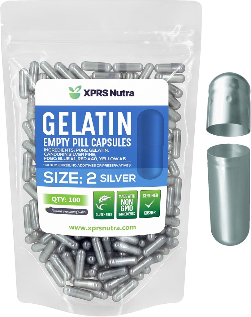 XPRS Nutra Rozmiar 2 Puste kapsułki - 100 Hrabia Puste kapsułki żelatynowe - Pigułki Diy Kapsułka Wypełnianie - Czysty żel piórnik dla bydła Kapsułki do do- It- Yourself Supplements (Silver)