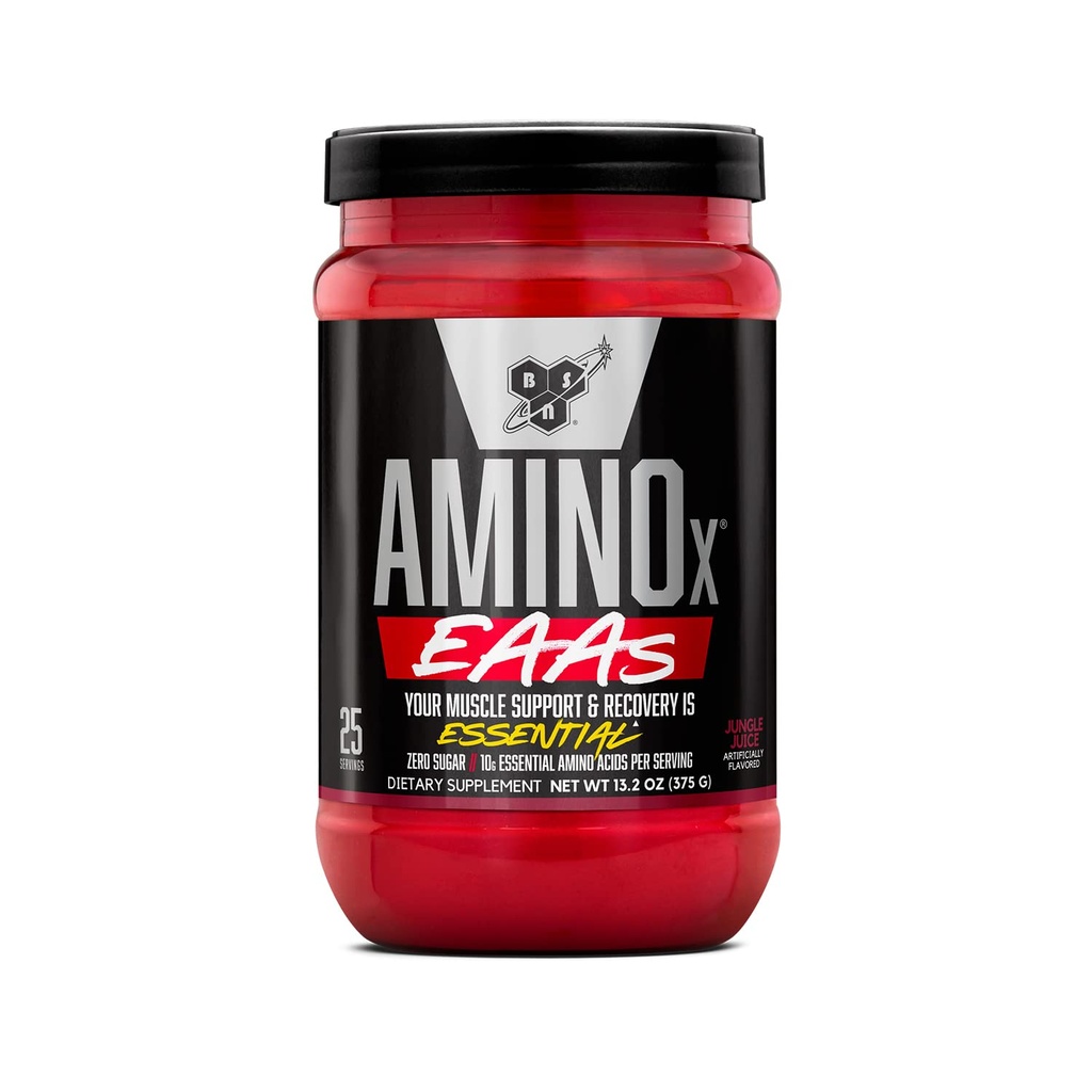 BSN Amino X EAA, Odzysk mięśni i Endurance, 10g Esential Amino Acids, 5g BCAA, Zero Sugar, Kofeina wolna, Sok z dżungli, 13.2oz, 25 Służenie