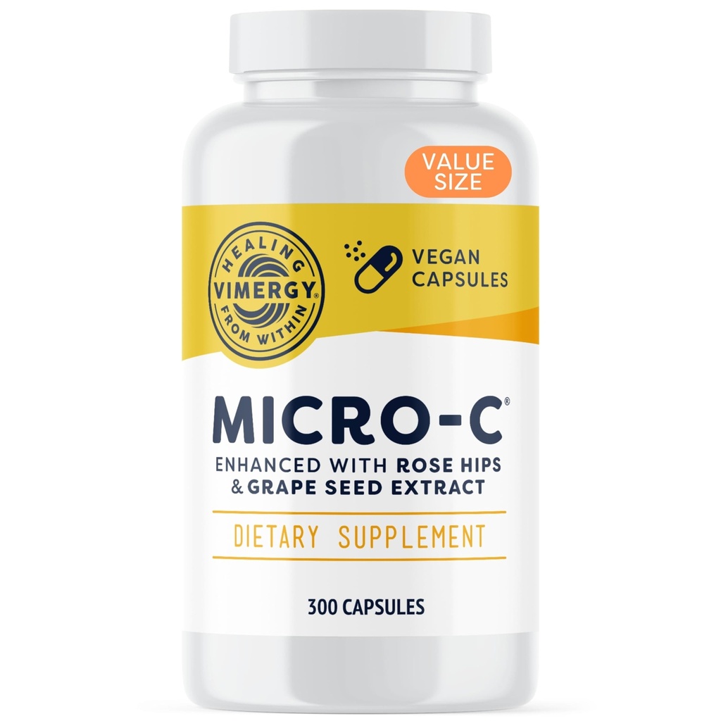 Vimergy Micro- C ® Witamina C kapsułki - 500 mg na kapsułkę, Wspiera zdrowie immunologiczne *, Promotes Collagen Production, Wspiera zdrowe kości *, Kosher, Wegan & Gluten- Free, Rozmiar wartości 300 Kapsułki