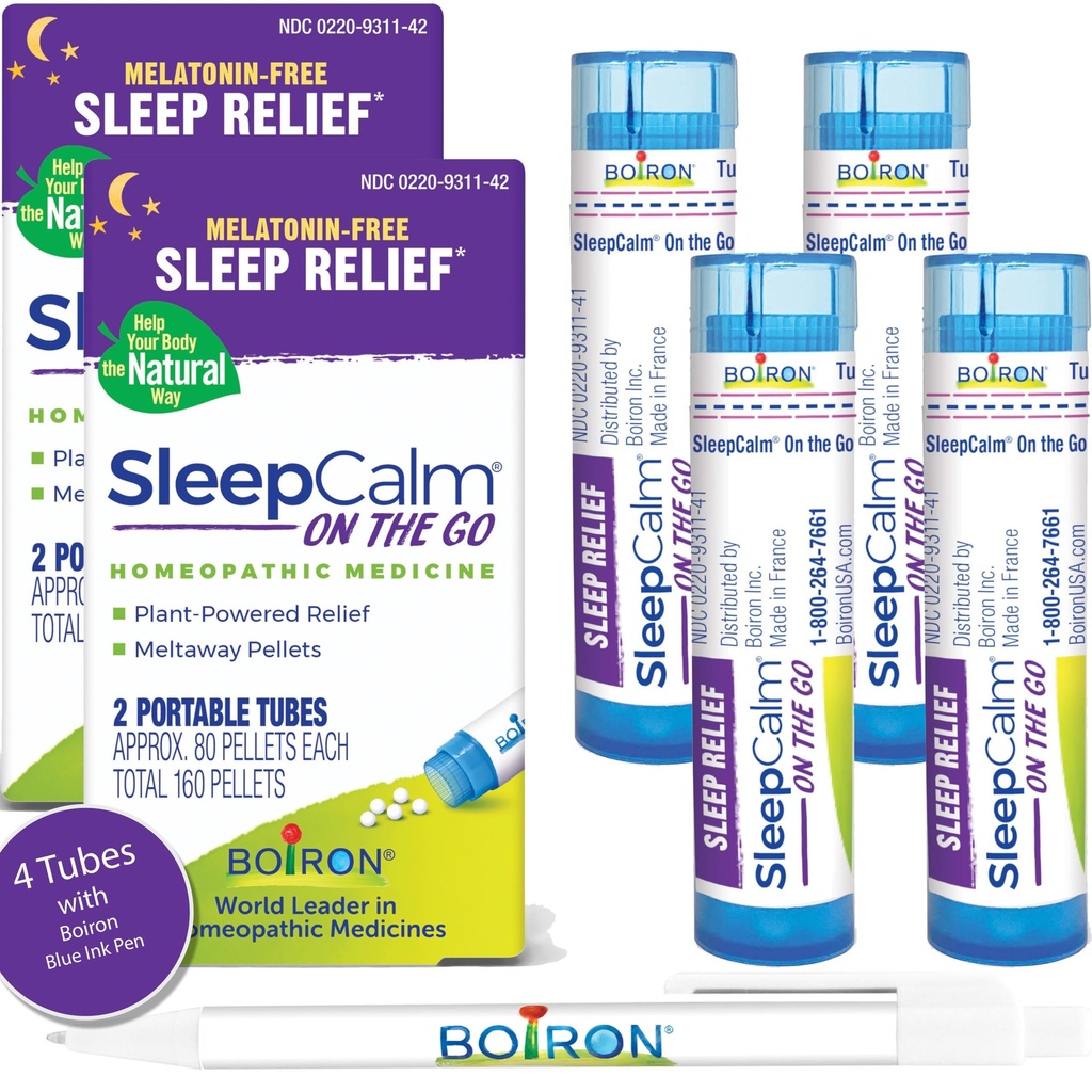 Boiron SleepCalm On The Go Sleep Aid for Deep, Relaxing, Restful Nighttime Sleep - Melatonin - Free i Non Habit- Forming - 80 Count per Tube - 4 Tubes with Blue Pen