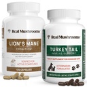 Prawdziwe grzyby Lons Mane for People (120ct) & Turcja Ogon dla zwierząt domowych (90ct) - Bundle for Cognition and Immunity - Vegan, Non-GMO, Grain- Free, Gluten- Free Mushroom Extract Kapsułki