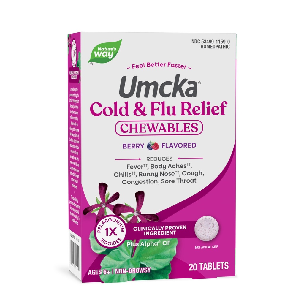 Natural 's Way Cold + Flu Relief, Umcka, Krótki czas trwania i zmniejsza nasilenie, Wieloobjawowe Relief, Homeopatyczne, Fenylephrine Free, Non- Drowsy, Berry Flavored, 20 Tabletki do żucia (Opakowania może Vary)