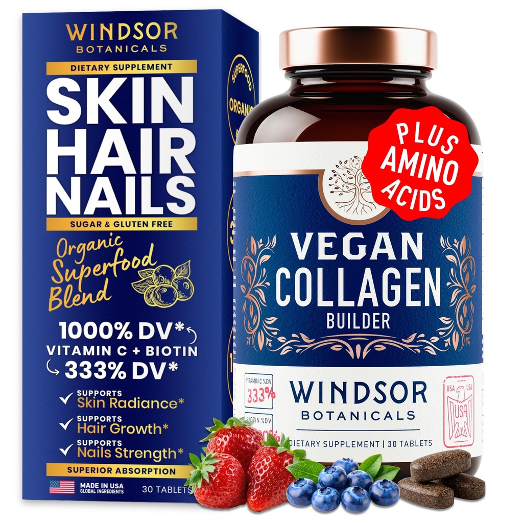Wegański Kolagen dla Kobiet i Mężczyzn Suplementy - Witamina C, Biotin, Amino Acids Glicyna, Lyzyna, Proline, Organiczne owoce i proszek roślinny - Raz dziennie - 30 Tabletki na bazie kolagenu