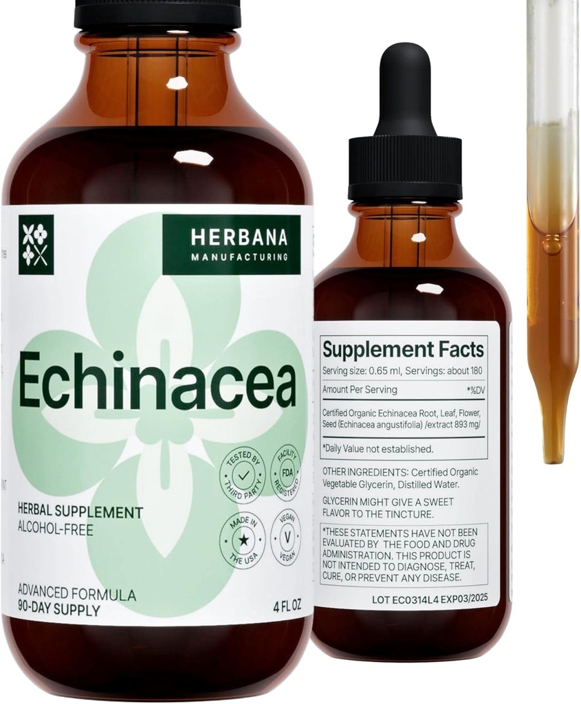 Echinacea 4 fl oz Liquid Extract - Organic Root, Liść, Kwiat, Nasiona - Natural Herbal Supplement - Body, Immune System Support Tincture - High Potency Drops - 90- Day Supply - Rozmiar rodziny
