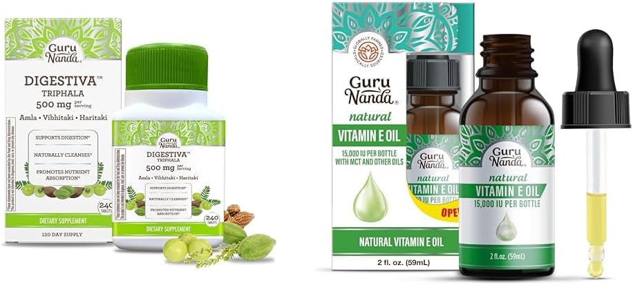 GuruNanda Digestiva Triphala (240 tabletek) & Oil witaminy E (2 Fl Oz) - Pomaga w trawieniu, Pomaga w Bloating & Zaparcia, Suplement diety z Amla, Haritaki & Bibhitaki