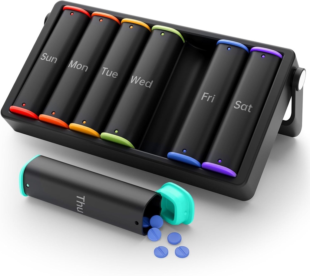 Cotygodniowy Pill Organizator 2 razy dziennie, KOVIUU duży Pill Box 7 dzień, Am Pm dwa razy dziennie Pill Case z obrotowym uchwytem, Tydzień Pill Holder pojemnik na suplement witaminy do ryb, czarny