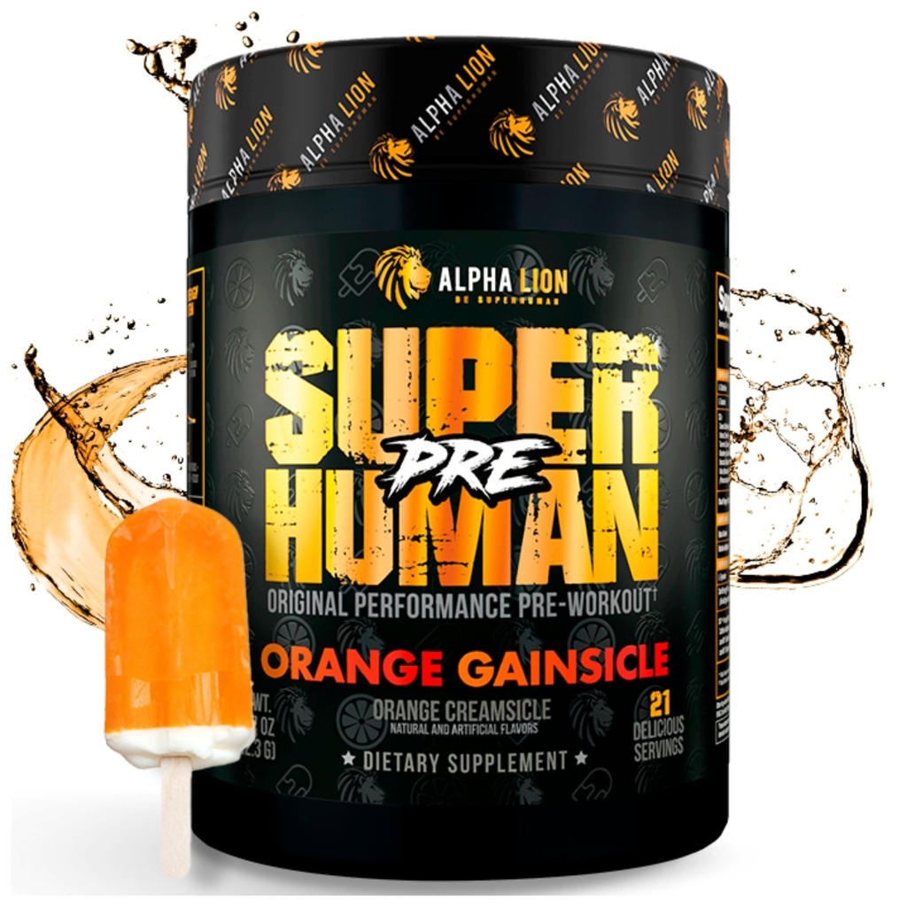ALPHA LION Superhuman Pre Workout Powder, Beta Alanine, L- Tauryne & TriSource Kofeina dla Trwałej Energii i Focus, tlenek azotu i cytrulina dla pompy (21 Słupki, Gainsicle pomarańczowy)