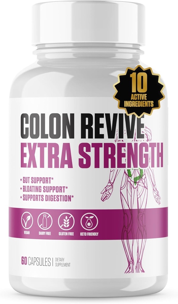 Colon Revive Extra Siła 124; # 1 Rated Colon Cleanse & Detox Supplement Supplement Detox 124; Wsparcie pokarmowe, Redukcja Bloating, Zaparcia Relief w / Buckthron, Alfa, Aloe Vera + Więcej dla mężczyzn i kobiet - 60 tabletek