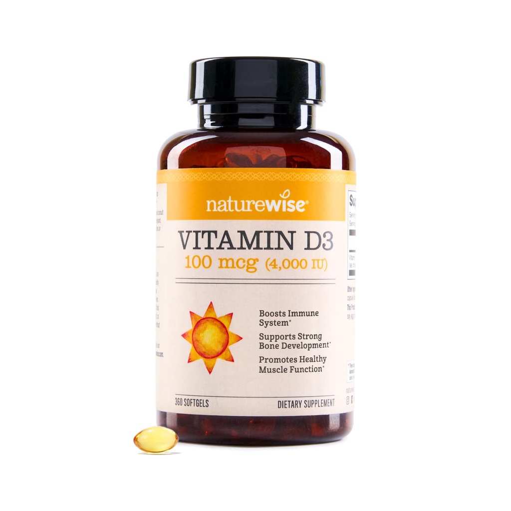 NatureWise Witamina D3 4000iu (100 µg) 1- Dostawa roku na wsparcie immunologiczne, Zdrowe Mięśnie Funkcje, i Bone Health - Non-GMO, Gluten- Free w Organic Extra Virgin Olive Oil, (Mini Softgel), 360 Count