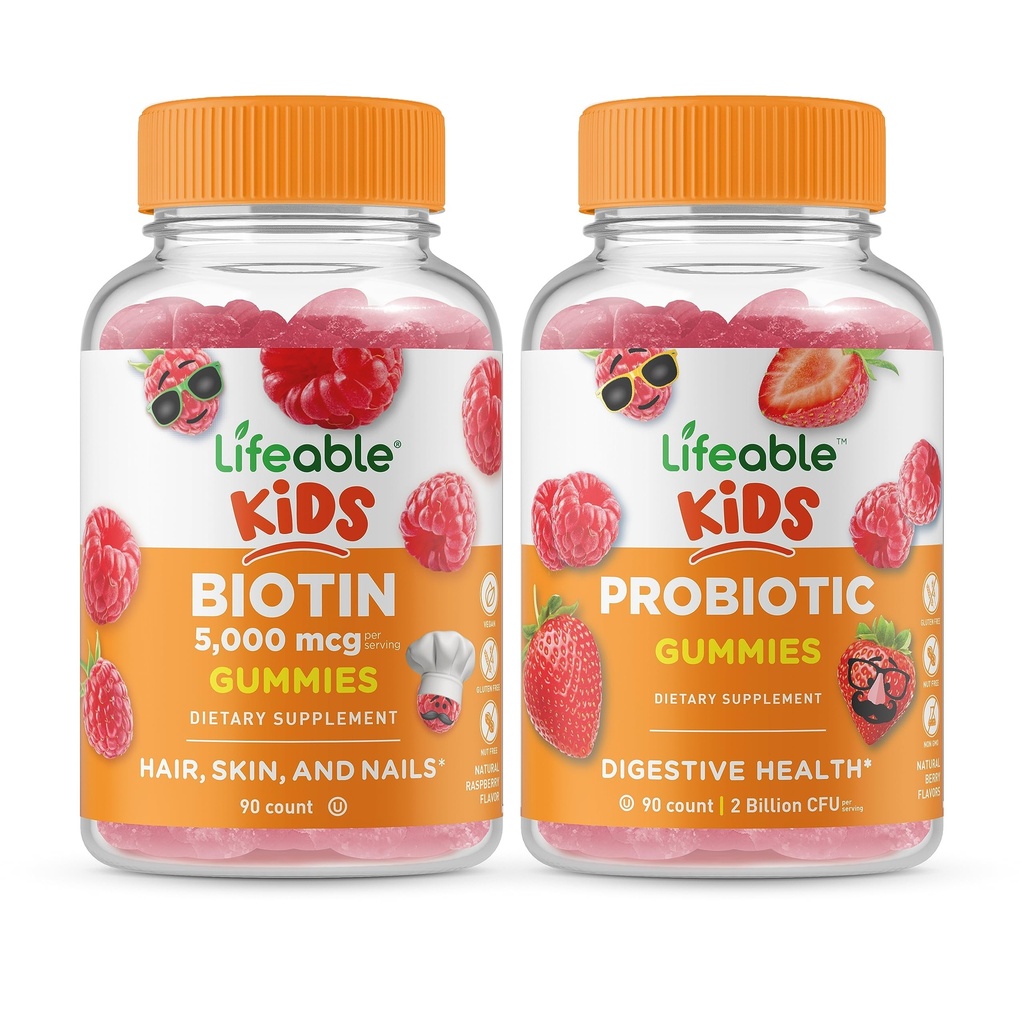 Żywe Biotin Kids + Probiotic 2 Miliard CFU Kids, Gummies Bundle - Great Desting, Suplement witaminy, Gluten Free, GMO Free, Gummy do żucia