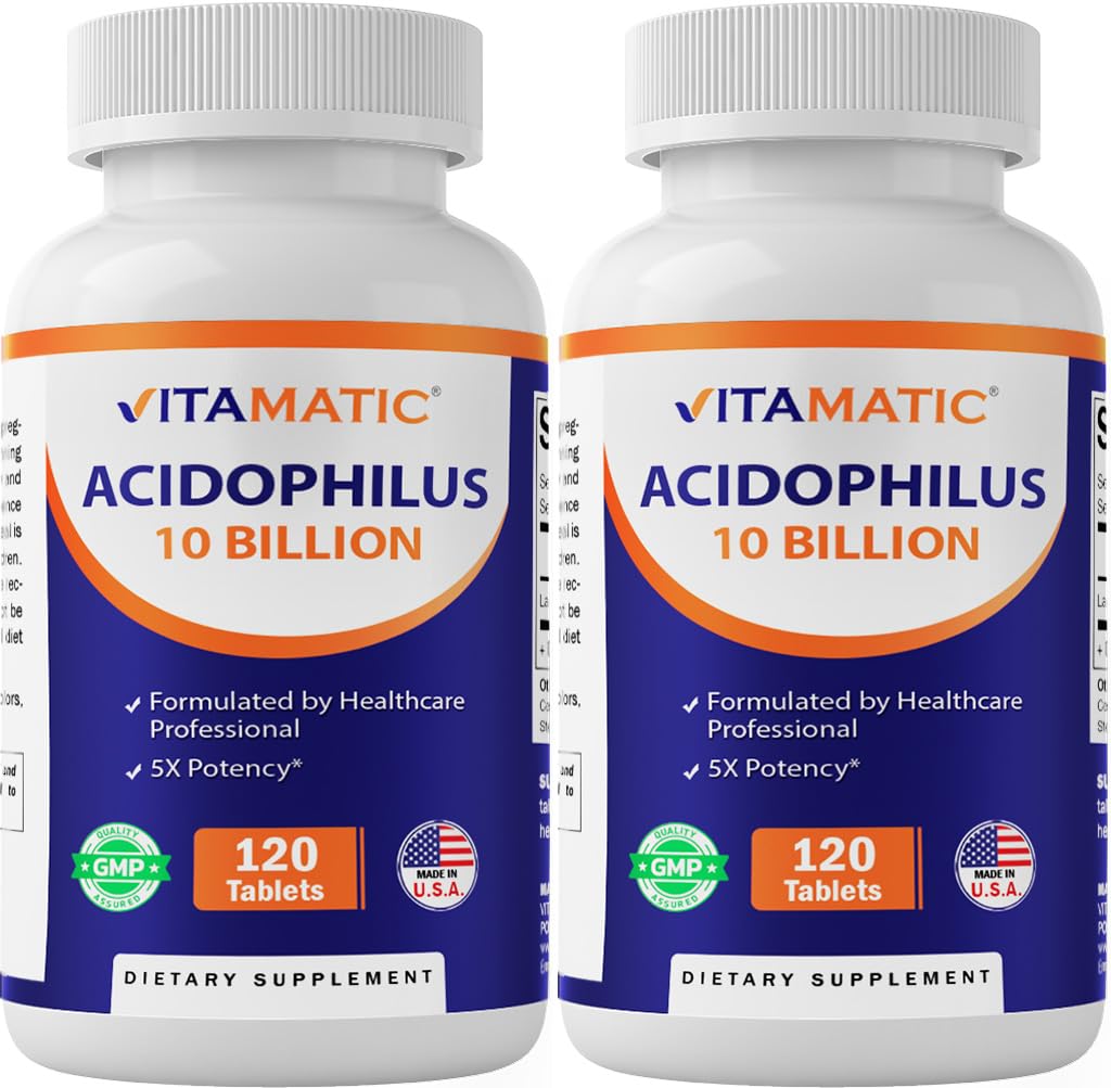 Vitamatic 2 Opakowania Acidophilus Probiotic - 10 Billion CFU - 120 tabletek - 5X Potencja - Daily Probiotic Supplement, Supports Digestive Health (Razem 240 tabletek)